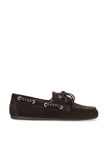 Vista lateral de los mocasines de serraje para mujer Violetta Loafer en color marrón de BIBI LOU.