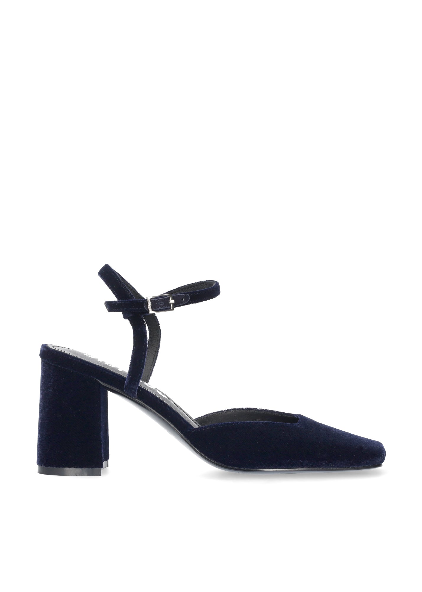 Vista lateral de los zapatos de salón destalonados de terciopelo para mujer Emily Pumps 85 con tira al tobillo en color marino de BIBI LOU.