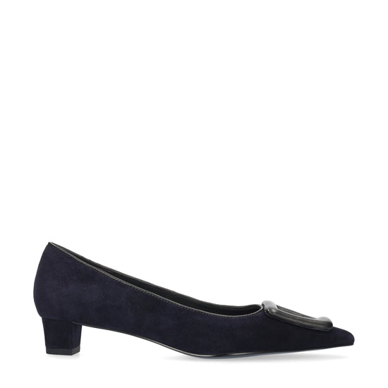 Vista lateral de los zapatos de salón de ante para mujer Bonnie Pumps 30 en color marino con adorno forrado de BIBI LOU.