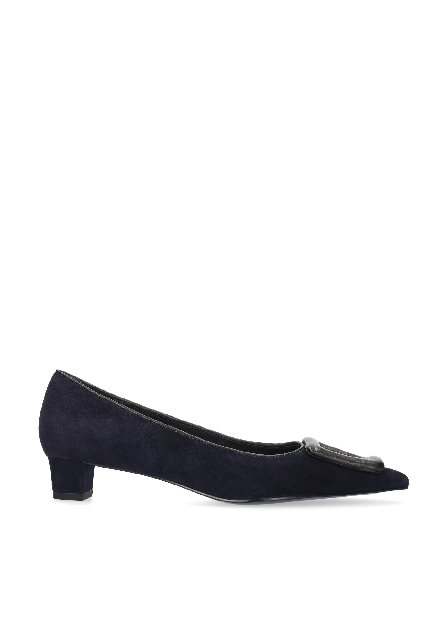 Vista lateral de los zapatos de salón de ante para mujer Bonnie Pumps 30 en color marino con adorno forrado de BIBI LOU.