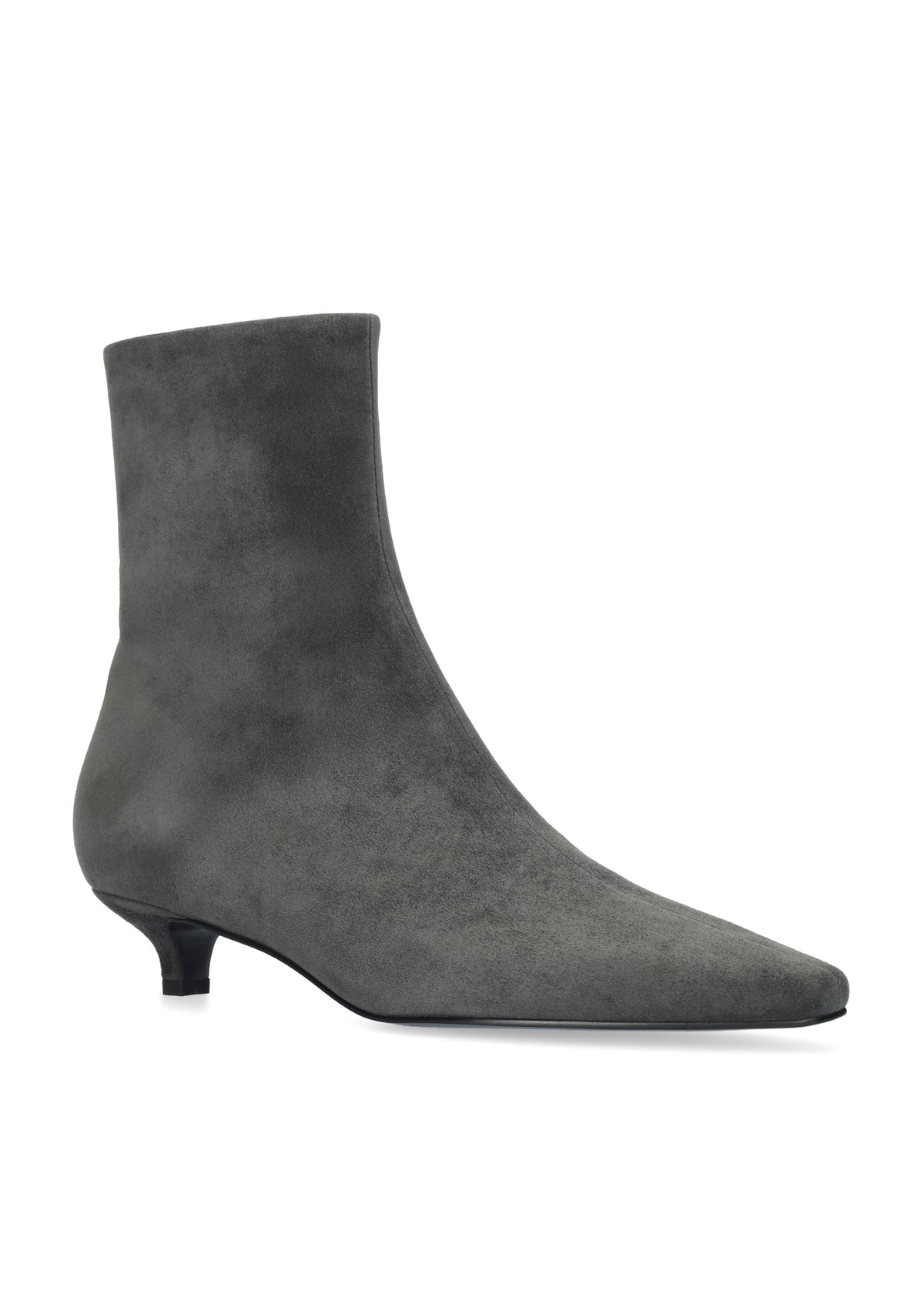Vista lateral de los botines de ante para mujer Azra Booties 30 en color antracita, de caña baja, punta cuadrada y tacón de aguja de 3 cm de BIBI LOU.