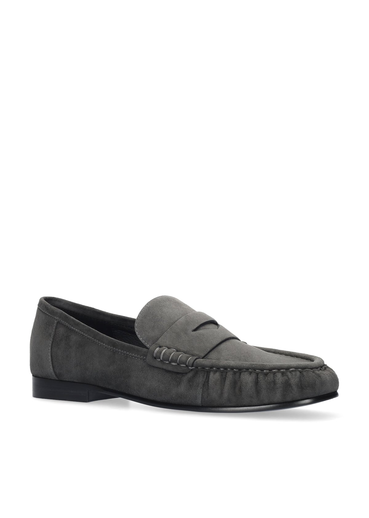 Vista lateral de los mocasines de ante para mujer Lyra Loafers 15 en color antracita, con punta redonda y tacón plano de 1,5 cm de BIBI LOU.
