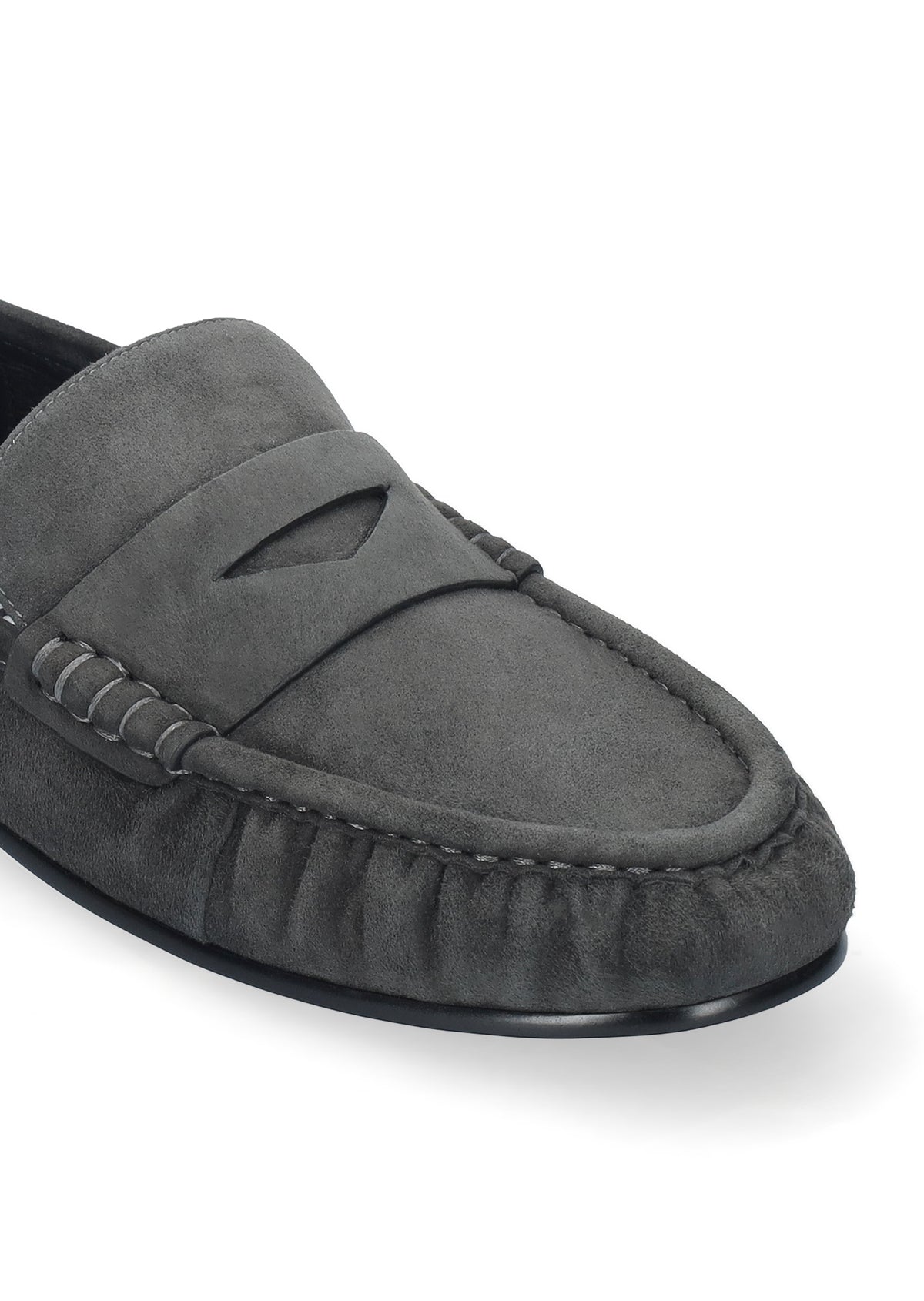 Vista lateral de los mocasines de ante para mujer Lyra Loafers 15 en color antracita, con punta redonda y tacón plano de 1,5 cm de BIBI LOU.