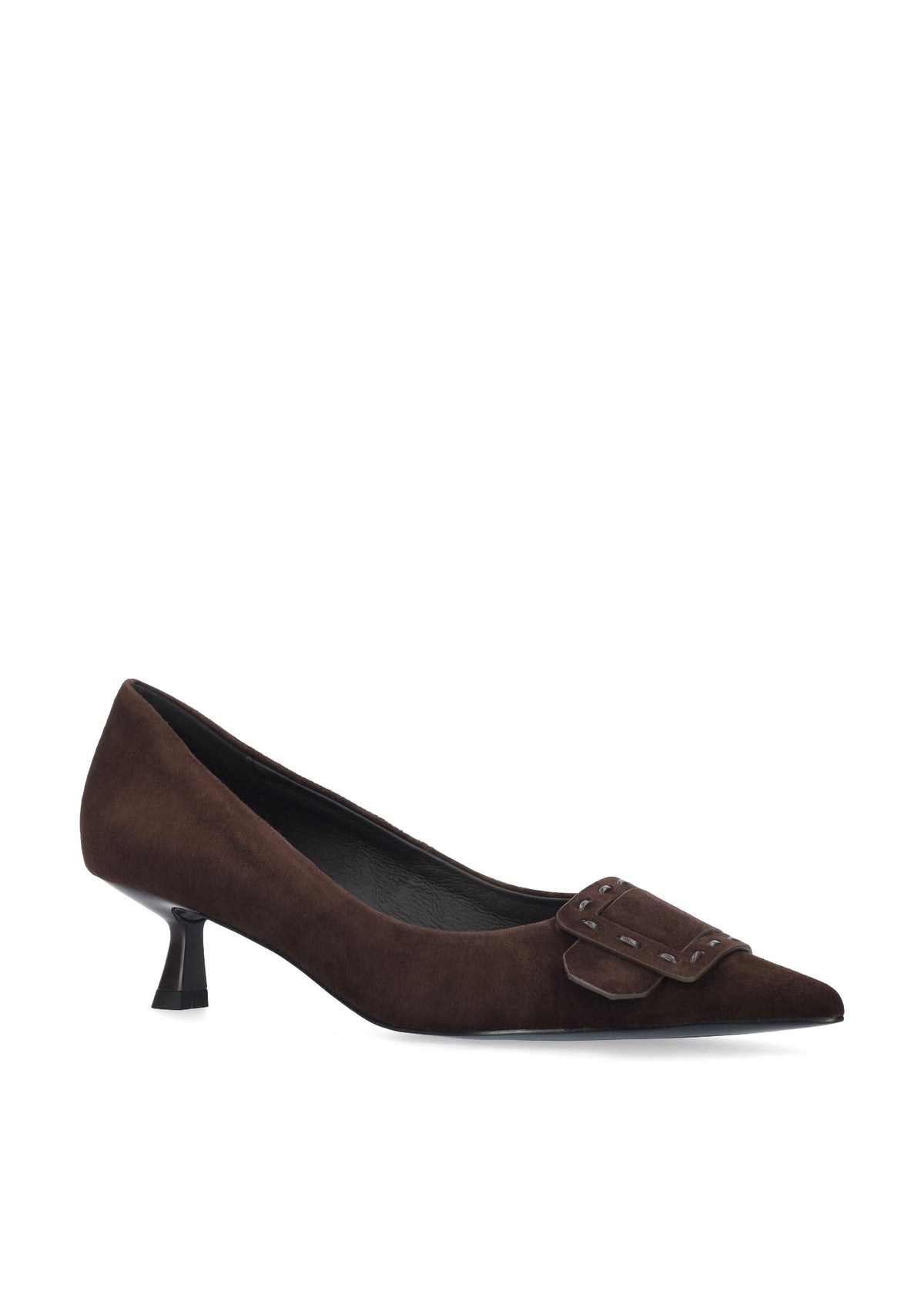 Vista lateral de los zapatos de salón de ante para mujer Altair Pumps 40 en color marrón, con punta afilada, adorno con pespunte grueso y tacón de aguja de 4 cm de BIBI LOU.