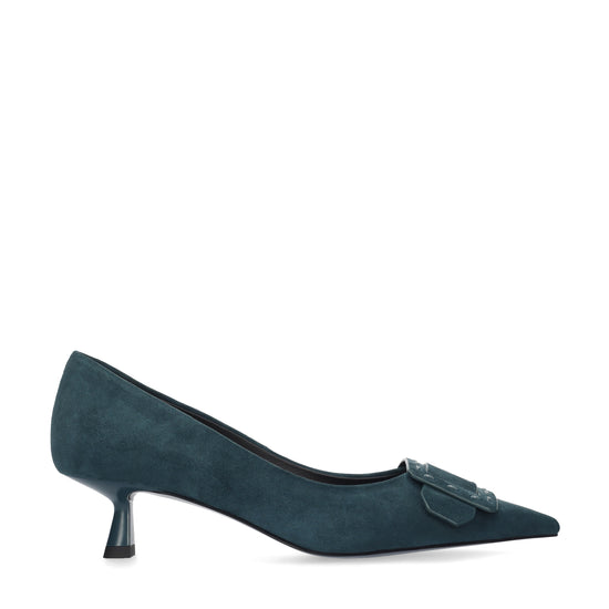 Vista lateral de los zapatos de salón de ante para mujer Altair Pumps 40 en color pino, con punta afilada, adorno con pespunte grueso y tacón de aguja de 4 cm de BIBI LOU.