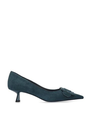 Vista lateral de los zapatos de salón de ante para mujer Altair Pumps 40 en color pino, con punta afilada, adorno con pespunte grueso y tacón de aguja de 4 cm de BIBI LOU.