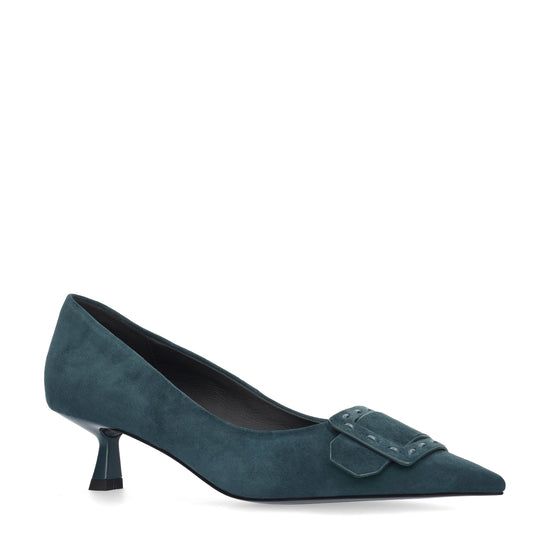 Vista lateral de los zapatos de salón de ante para mujer Altair Pumps 40 en color pino, con punta afilada, adorno con pespunte grueso y tacón de aguja de 4 cm de BIBI LOU.