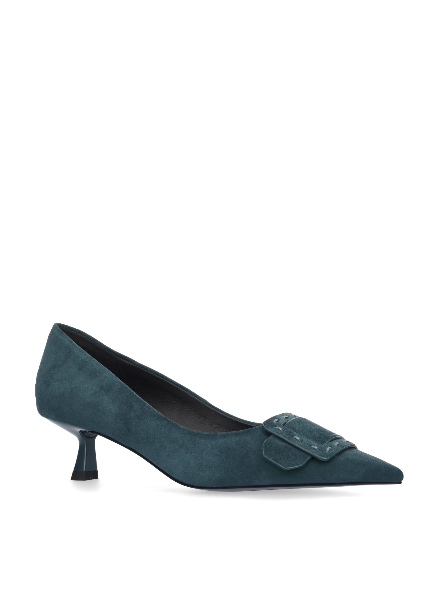 Vista lateral de los zapatos de salón de ante para mujer Altair Pumps 40 en color pino, con punta afilada, adorno con pespunte grueso y tacón de aguja de 4 cm de BIBI LOU.
