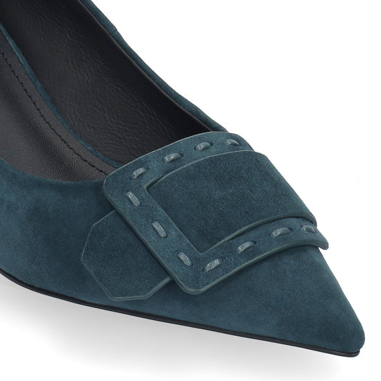 Vista lateral de los zapatos de salón de ante para mujer Altair Pumps 40 en color pino, con punta afilada, adorno con pespunte grueso y tacón de aguja de 4 cm de BIBI LOU.
