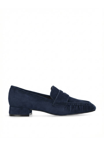 Vista lateral de los mocasines de ante para mujer Lyra Loafers 25 en color marino, con punta cuadrada y tacón de bloque de 2,5 cm de BIBI LOU.