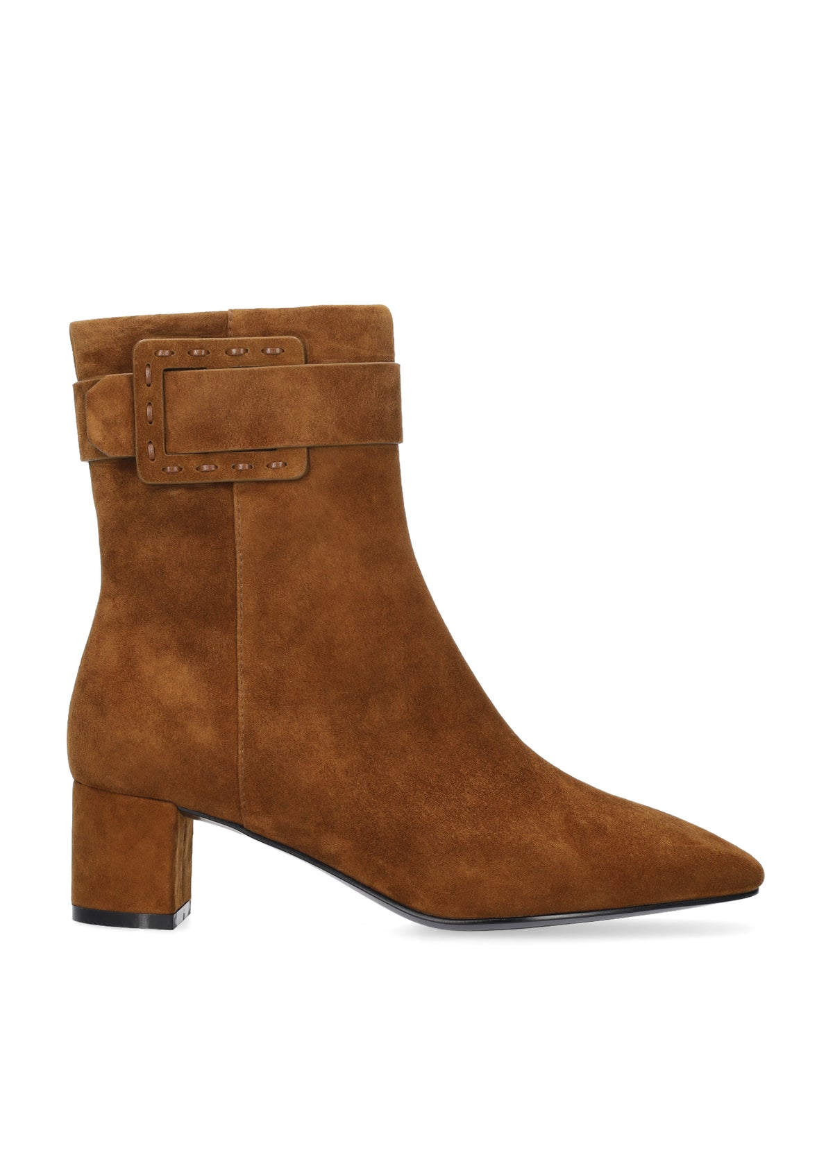 Vista lateral de los botines de ante para mujer Altair Booties 50 en color cuero, de caña media, punta cuadrada, adorno con pespunte grueso y tacón de bloque de 5 cm de BIBI LOU.