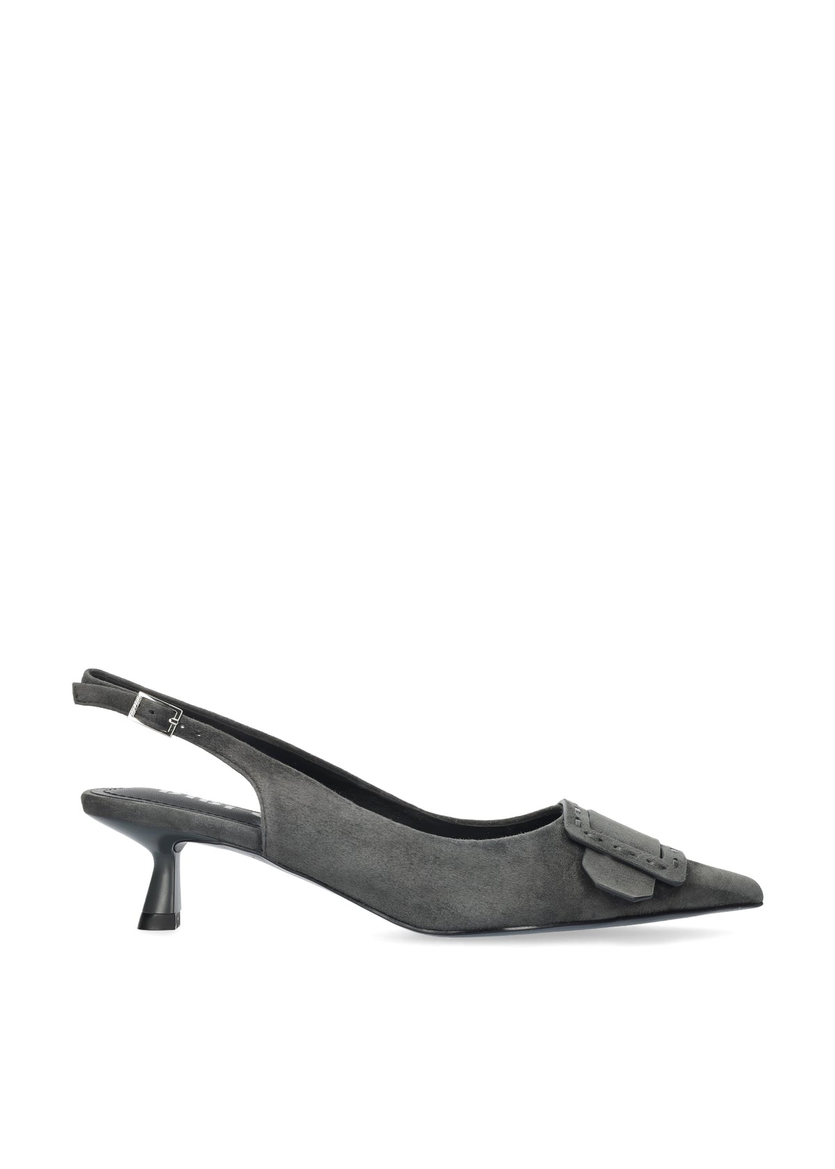 Vista lateral de los zapatos de salón de ante para mujer Altair Pumps 40 en color antracita, con punta afilada, adorno con pespunte grueso y tacón de aguja de 4 cm de BIBI LOU.