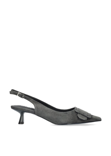 Vista lateral de los zapatos de salón de ante para mujer Altair Pumps 40 en color antracita, con punta afilada, adorno con pespunte grueso y tacón de aguja de 4 cm de BIBI LOU.