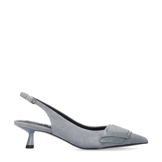 Vista lateral de los zapatos de salón de ante para mujer Astra Pumps 40 en color gris, con punta afilada, adorno sobre el empeine y tacón de aguja de 4 cm de BIBI LOU.