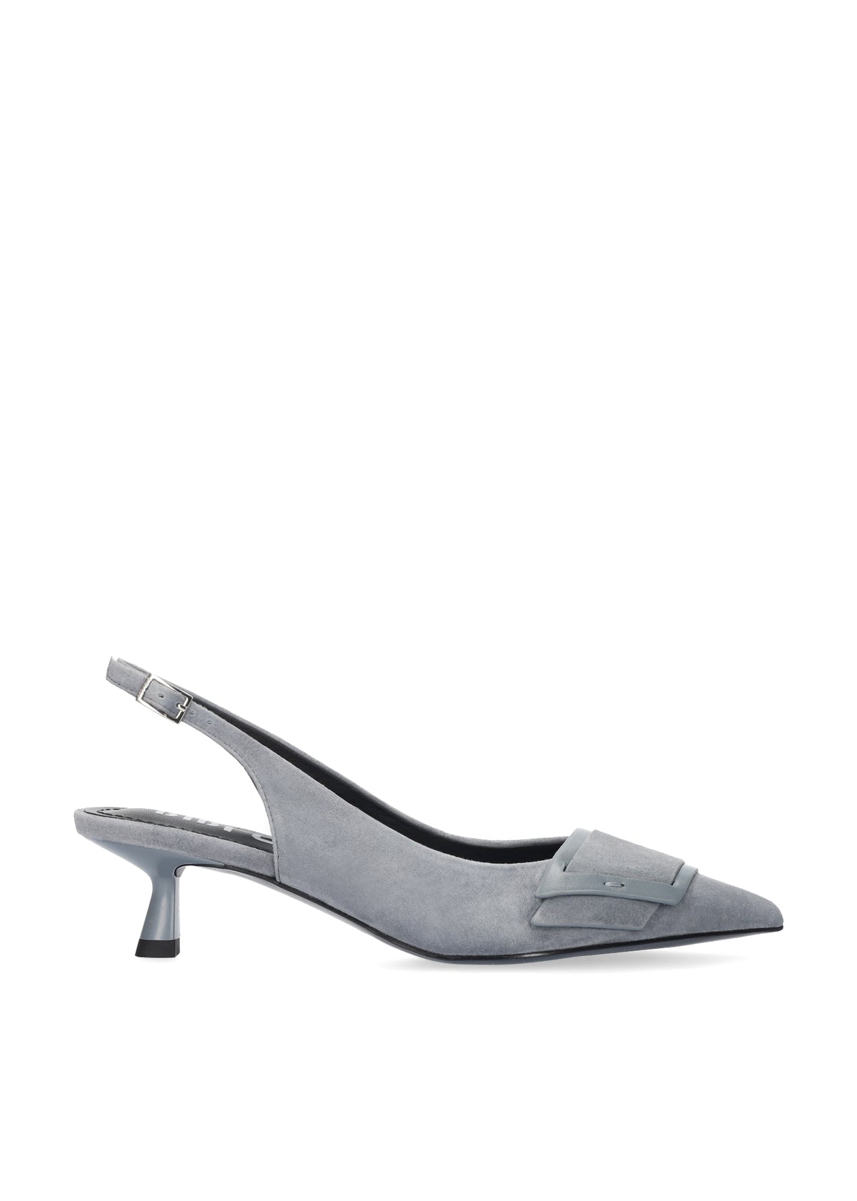 Vista lateral de los zapatos de salón de ante para mujer Astra Pumps 40 en color gris, con punta afilada, adorno sobre el empeine y tacón de aguja de 4 cm de BIBI LOU.