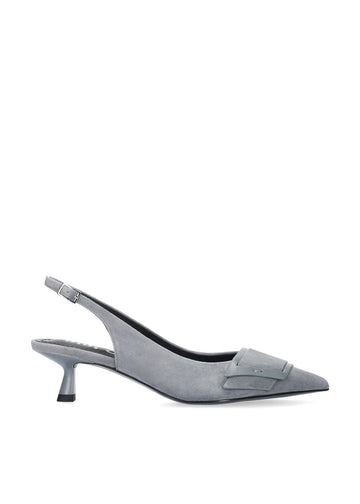 Vista lateral de los zapatos de salón de ante para mujer Astra Pumps 40 en color gris, con punta afilada, adorno sobre el empeine y tacón de aguja de 4 cm de BIBI LOU.