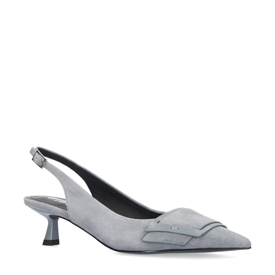Vista lateral de los zapatos de salón de ante para mujer Astra Pumps 40 en color gris, con punta afilada, adorno sobre el empeine y tacón de aguja de 4 cm de BIBI LOU.