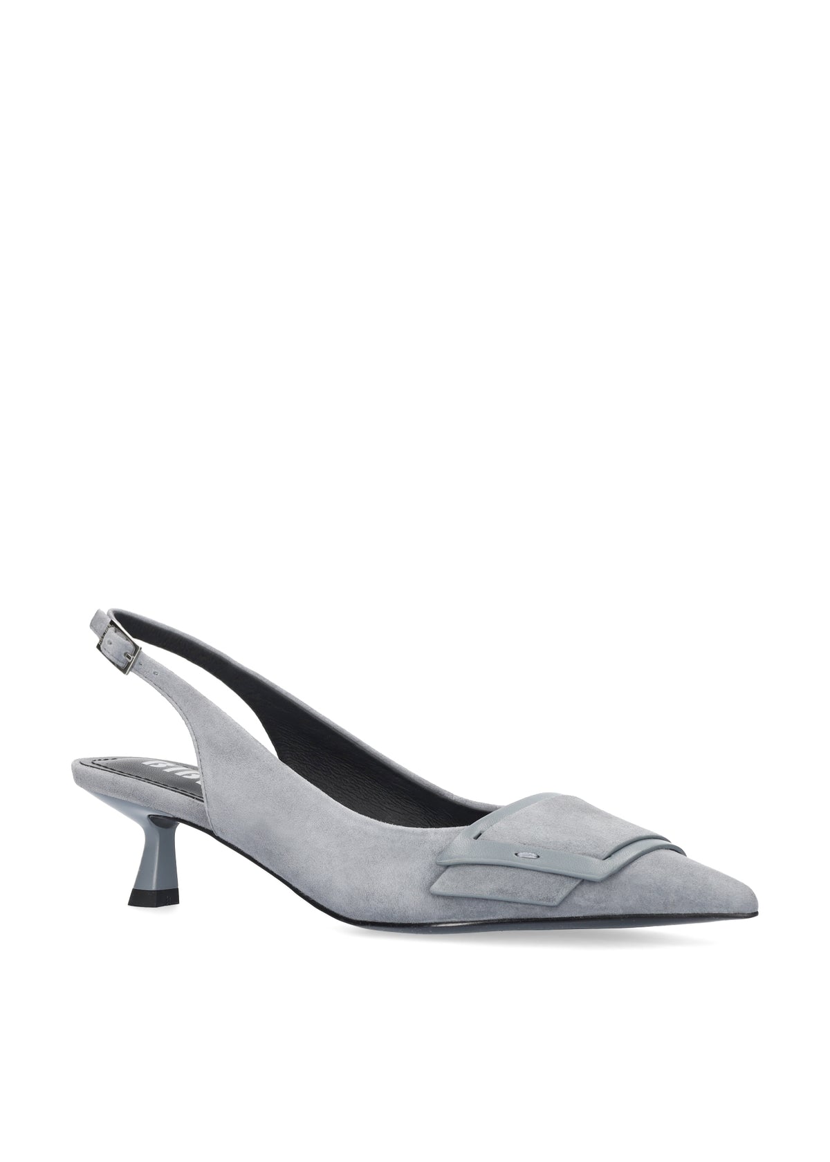 Vista lateral de los zapatos de salón de ante para mujer Astra Pumps 40 en color gris, con punta afilada, adorno sobre el empeine y tacón de aguja de 4 cm de BIBI LOU.