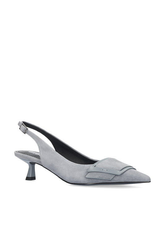 Vista lateral de los zapatos de salón de ante para mujer Astra Pumps 40 en color gris, con punta afilada, adorno sobre el empeine y tacón de aguja de 4 cm de BIBI LOU.