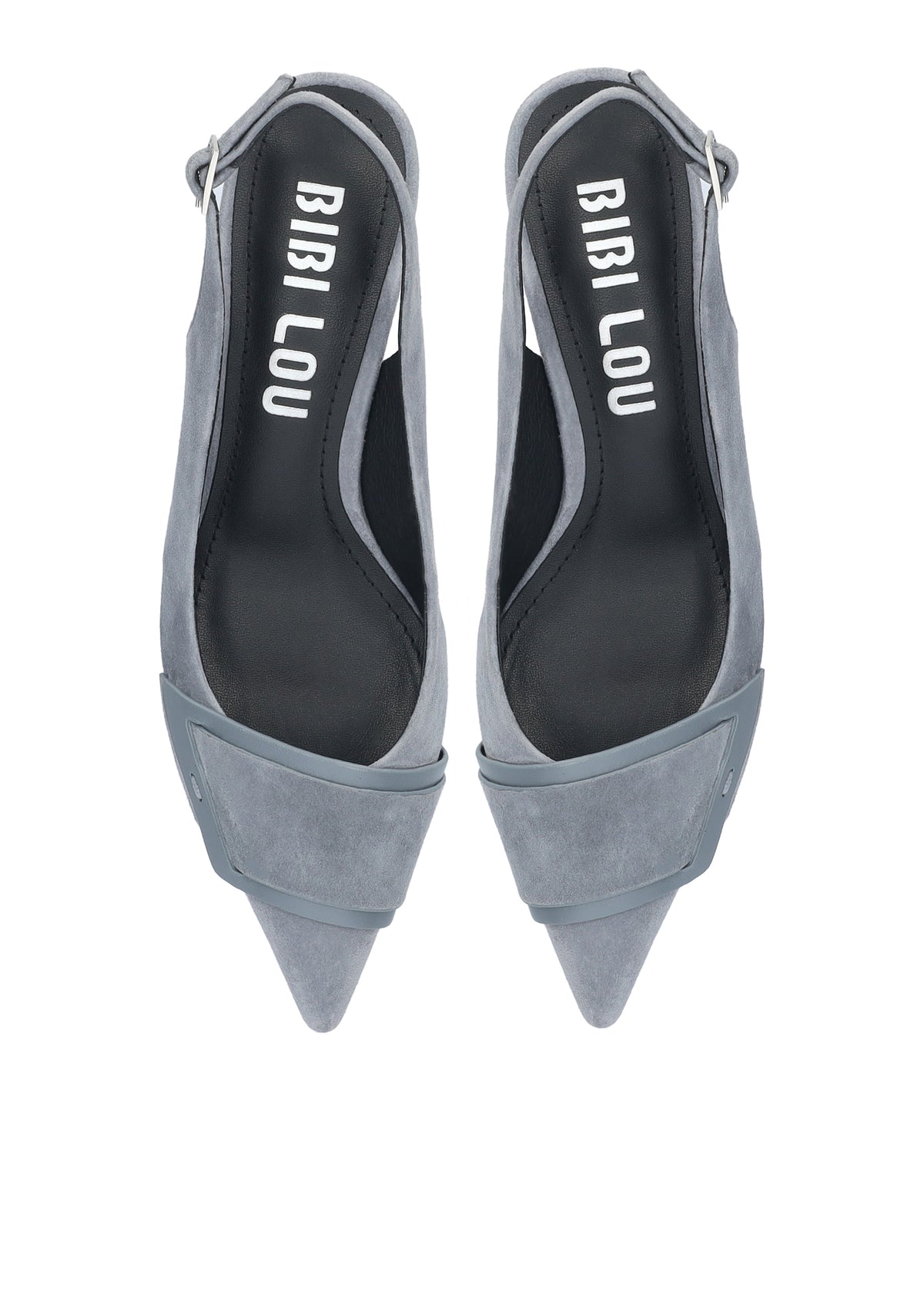 Vista lateral de los zapatos de salón de ante para mujer Astra Pumps 40 en color gris, con punta afilada, adorno sobre el empeine y tacón de aguja de 4 cm de BIBI LOU.