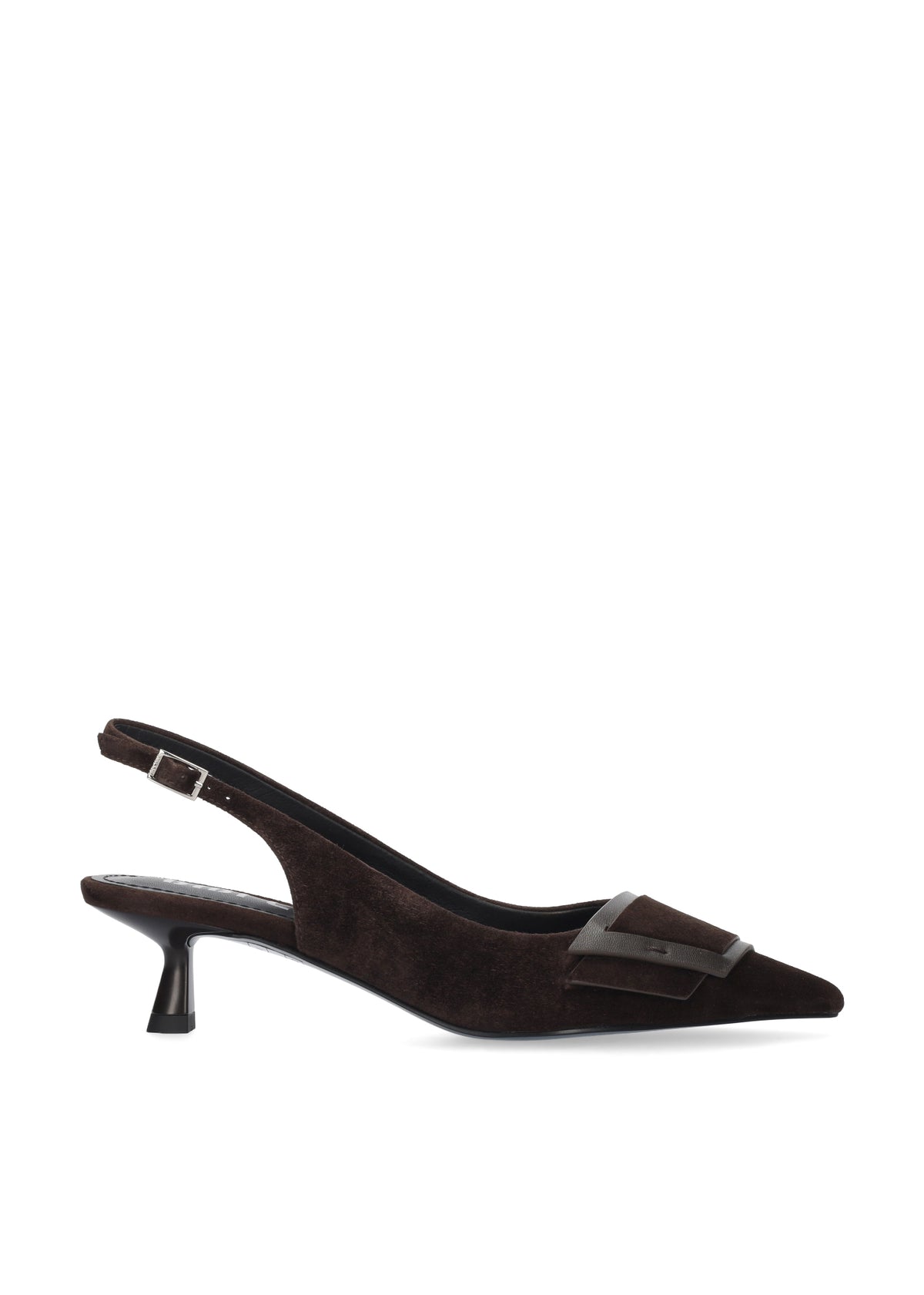 Vista lateral de los zapatos de salón de ante para mujer Astra Pumps 40 en color marrón, con punta afilada, adorno sobre el empeine y tacón de aguja de 4 cm de BIBI LOU.