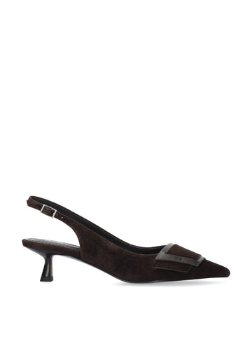 Vista lateral de los zapatos de salón de ante para mujer Astra Pumps 40 en color marrón, con punta afilada, adorno sobre el empeine y tacón de aguja de 4 cm de BIBI LOU.