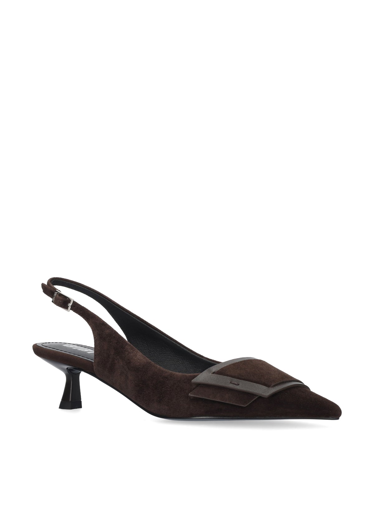 Vista lateral de los zapatos de salón de ante para mujer Astra Pumps 40 en color marrón, con punta afilada, adorno sobre el empeine y tacón de aguja de 4 cm de BIBI LOU.