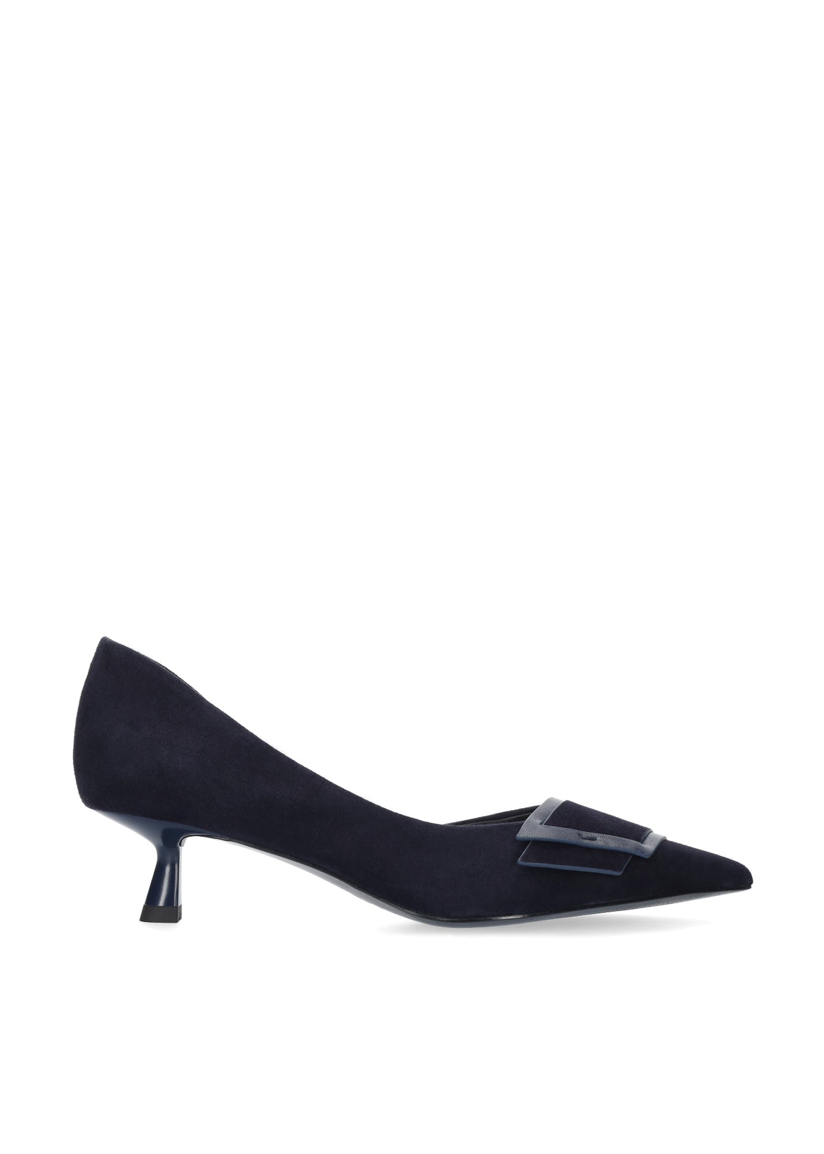 Vista lateral de los zapatos de salón de ante para mujer Astra Pumps 40 en color marino, con punta afilada, adorno sobre el empeine y tacón de aguja de 4 cm de BIBI LOU.