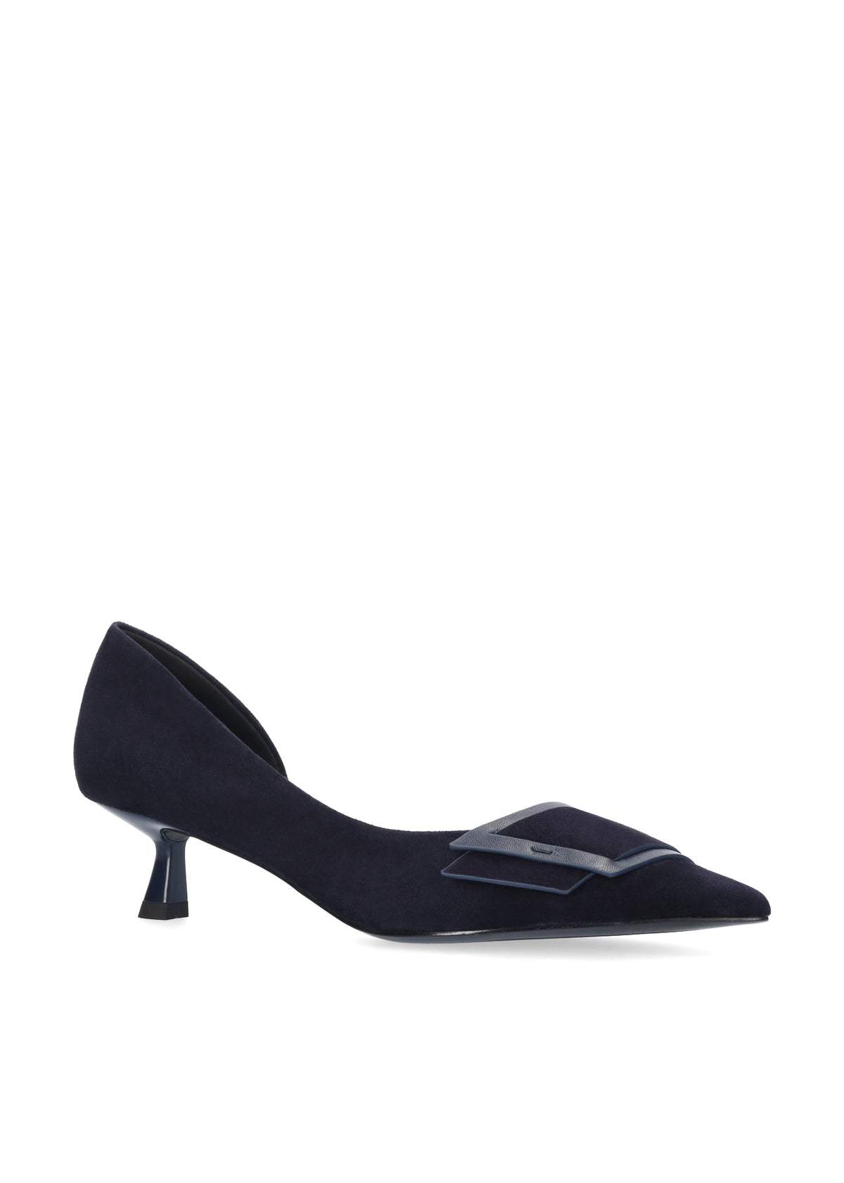 Vista lateral de los zapatos de salón de ante para mujer Astra Pumps 40 en color marino, con punta afilada, adorno sobre el empeine y tacón de aguja de 4 cm de BIBI LOU.