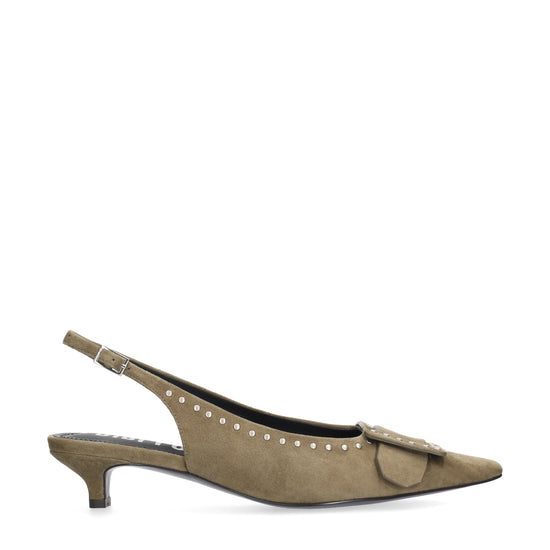 Vista lateral de los zapatos de salón de ante para mujer Altair Pumps 35 en color verde oliva, con punta afilada, tachuelas y tacón de aguja de 3,5 cm de BIBI LOU.