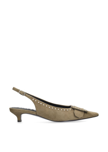 Vista lateral de los zapatos de salón de ante para mujer Altair Pumps 35 en color verde oliva, con punta afilada, tachuelas y tacón de aguja de 3,5 cm de BIBI LOU.