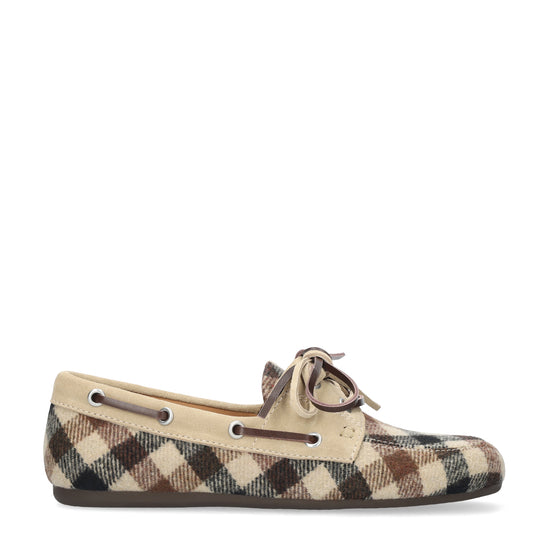 Vista lateral de los mocasines para mujer Tana Loafer con tejido estampado de cuadros en color beige y marrón de BIBI LOU.