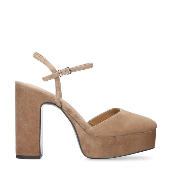 Vista lateral de los zapatos de salón de ante para mujer Ziel Pumps 110 en color taupe, con punta cuadrada, tacón de bloque de 11 cm y plataforma forrada de 3 cm de BIBI LOU.