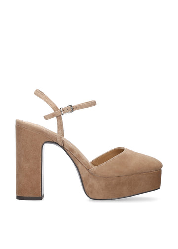Vista lateral de los zapatos de salón de ante para mujer Ziel Pumps 110 en color taupe, con punta cuadrada, tacón de bloque de 11 cm y plataforma forrada de 3 cm de BIBI LOU.