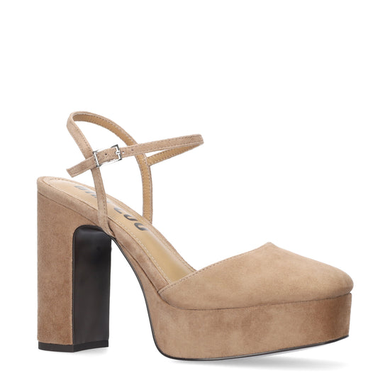 Vista lateral de los zapatos de salón de ante para mujer Ziel Pumps 110 en color taupe, con punta cuadrada, tacón de bloque de 11 cm y plataforma forrada de 3 cm de BIBI LOU.