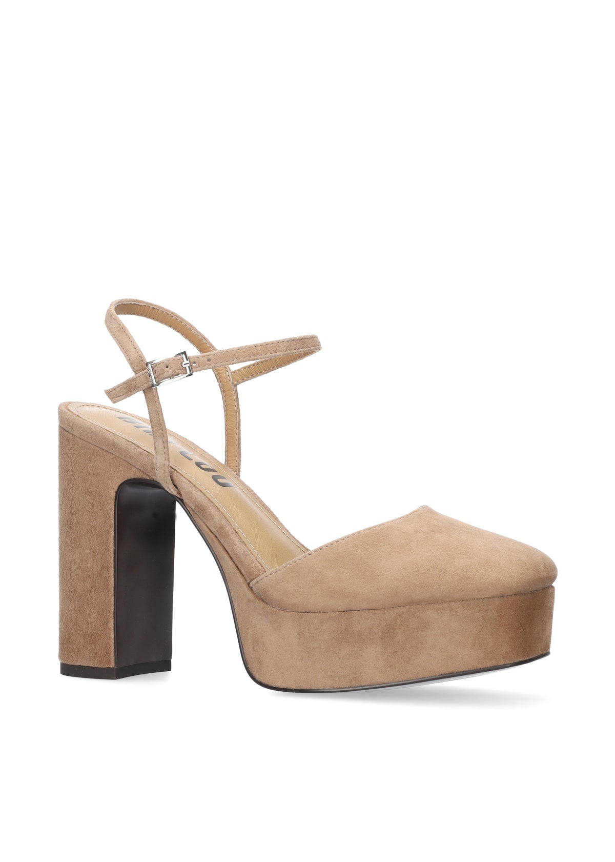 Vista lateral de los zapatos de salón de ante para mujer Ziel Pumps 110 en color taupe, con punta cuadrada, tacón de bloque de 11 cm y plataforma forrada de 3 cm de BIBI LOU.