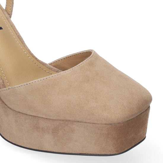 Vista lateral de los zapatos de salón de ante para mujer Ziel Pumps 110 en color taupe, con punta cuadrada, tacón de bloque de 11 cm y plataforma forrada de 3 cm de BIBI LOU.