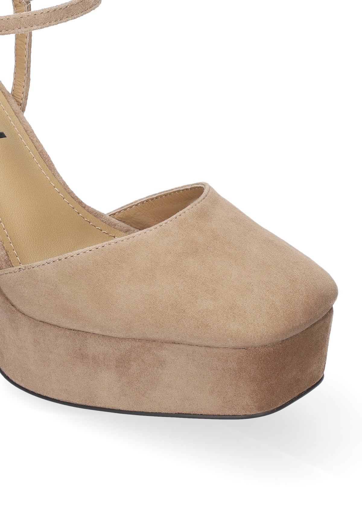 Vista lateral de los zapatos de salón de ante para mujer Ziel Pumps 110 en color taupe, con punta cuadrada, tacón de bloque de 11 cm y plataforma forrada de 3 cm de BIBI LOU.