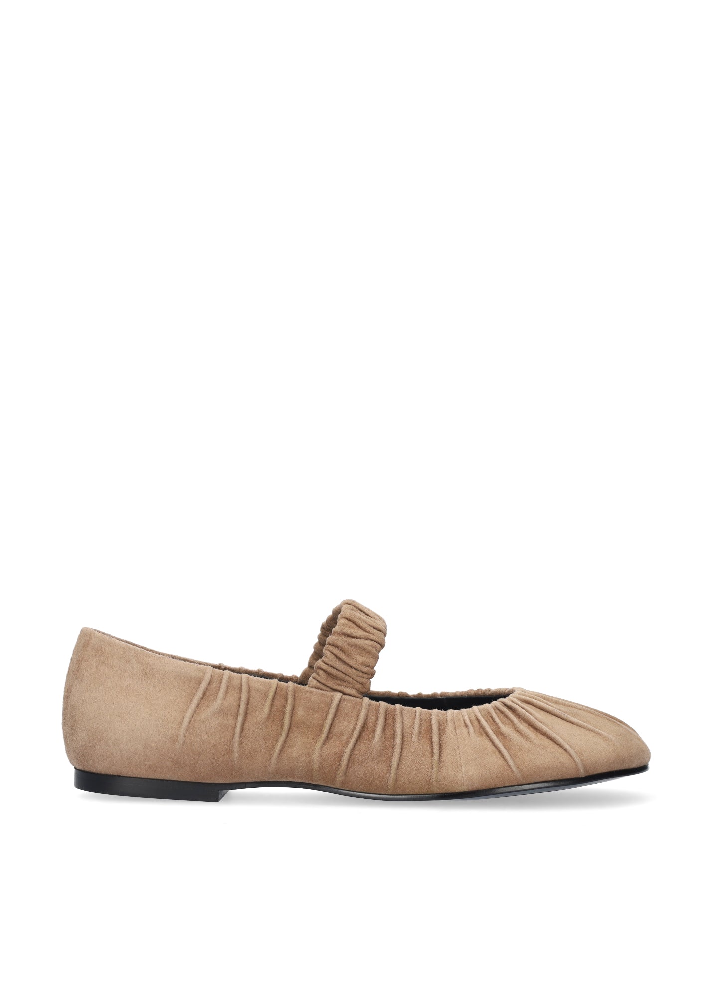 Vista lateral de las bailarinas de ante para mujer Indara Ballerinas con efecto fruncido y tira sobre el empeine en color taupe de BIBI LOU.