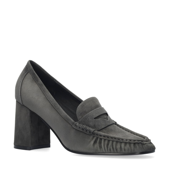 Vista lateral de los mocasines de ante para mujer Lyra Pumps 80 en color antracita, con punta redonda y tacón de bloque de 8 cm de BIBI LOU.