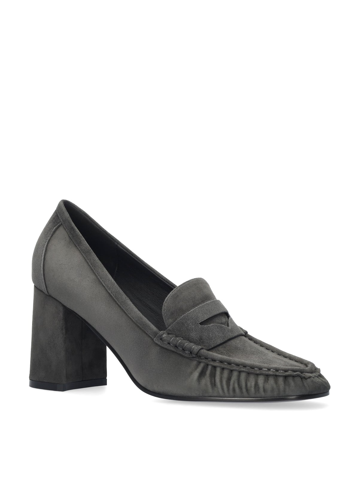 Vista lateral de los mocasines de ante para mujer Lyra Pumps 80 en color antracita, con punta redonda y tacón de bloque de 8 cm de BIBI LOU.