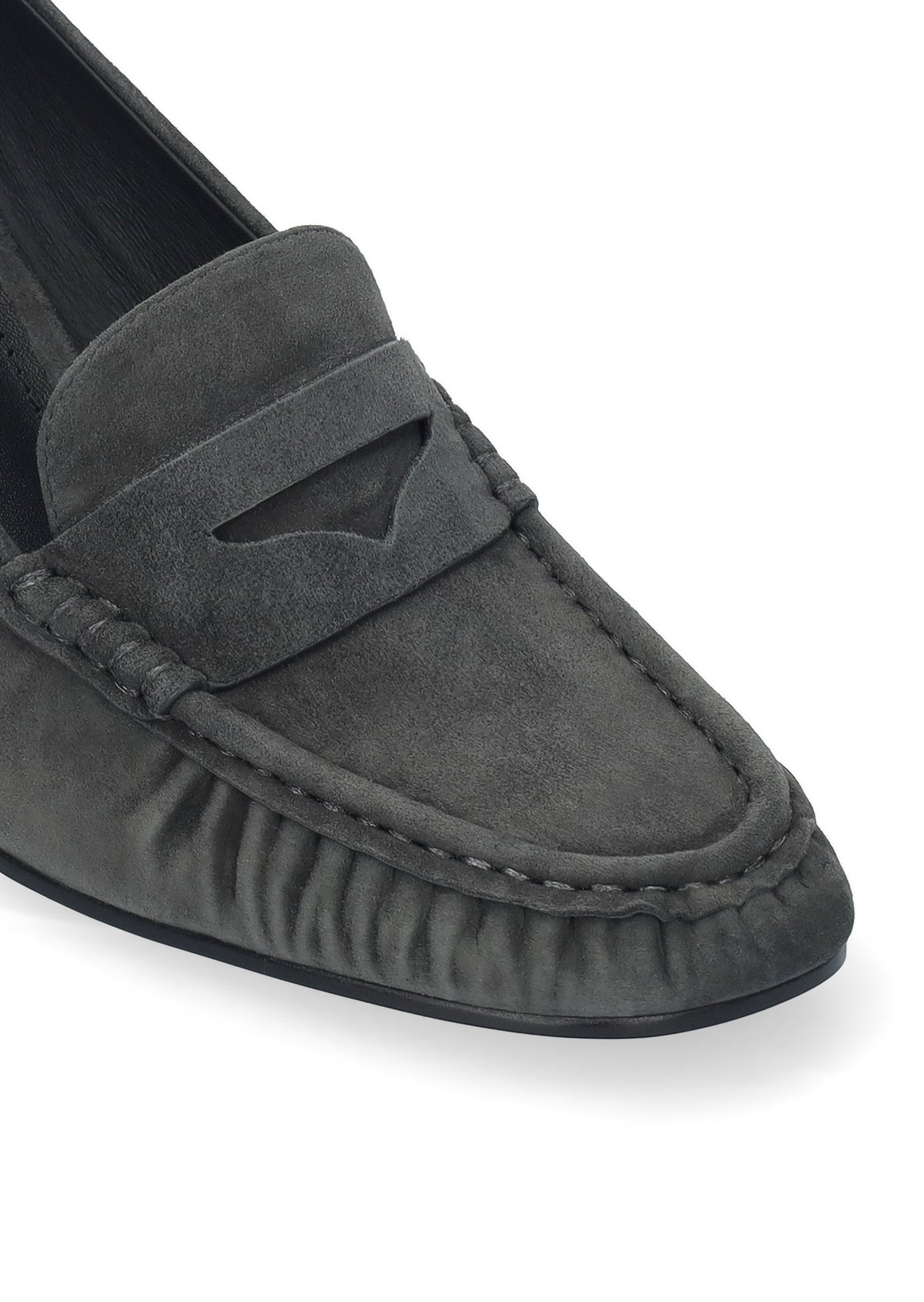 Vista lateral de los mocasines de ante para mujer Lyra Pumps 80 en color antracita, con punta redonda y tacón de bloque de 8 cm de BIBI LOU.