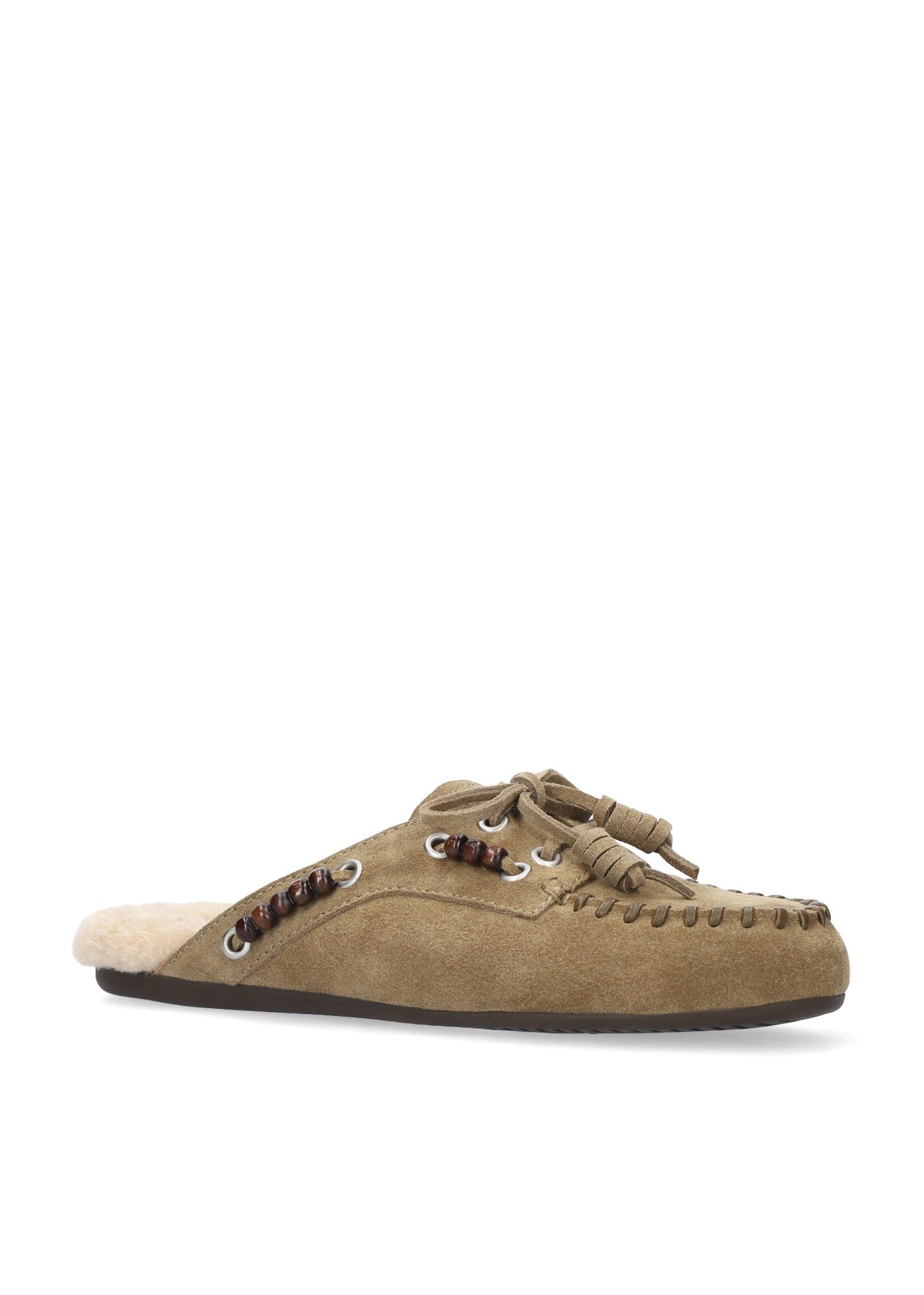 Vista lateral de los mocasines de serraje para mujer Violetta Loafer en color verde oliva de BIBI LOU.