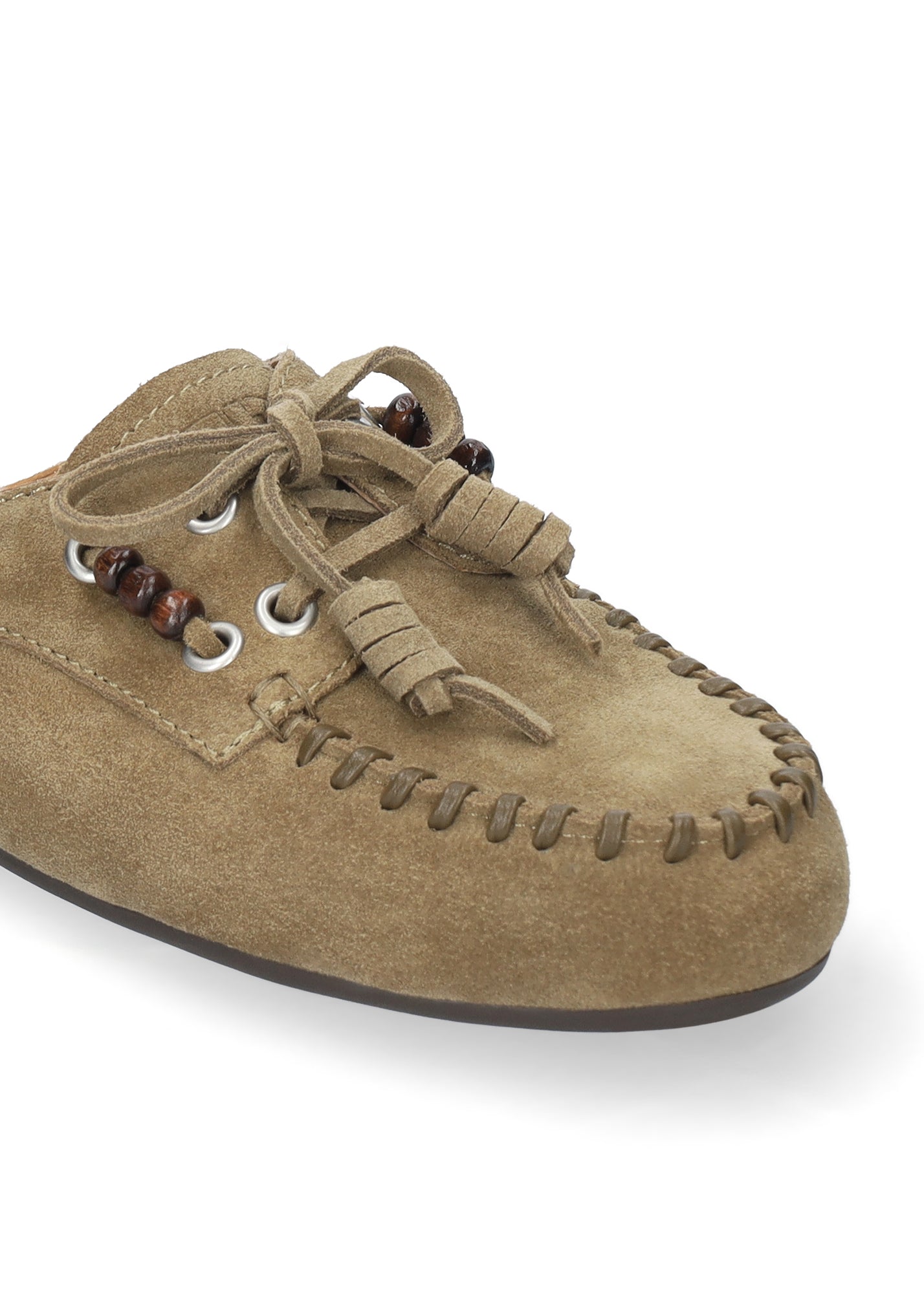 Vista lateral de los mocasines de serraje para mujer Violetta Loafer en color verde oliva de BIBI LOU.