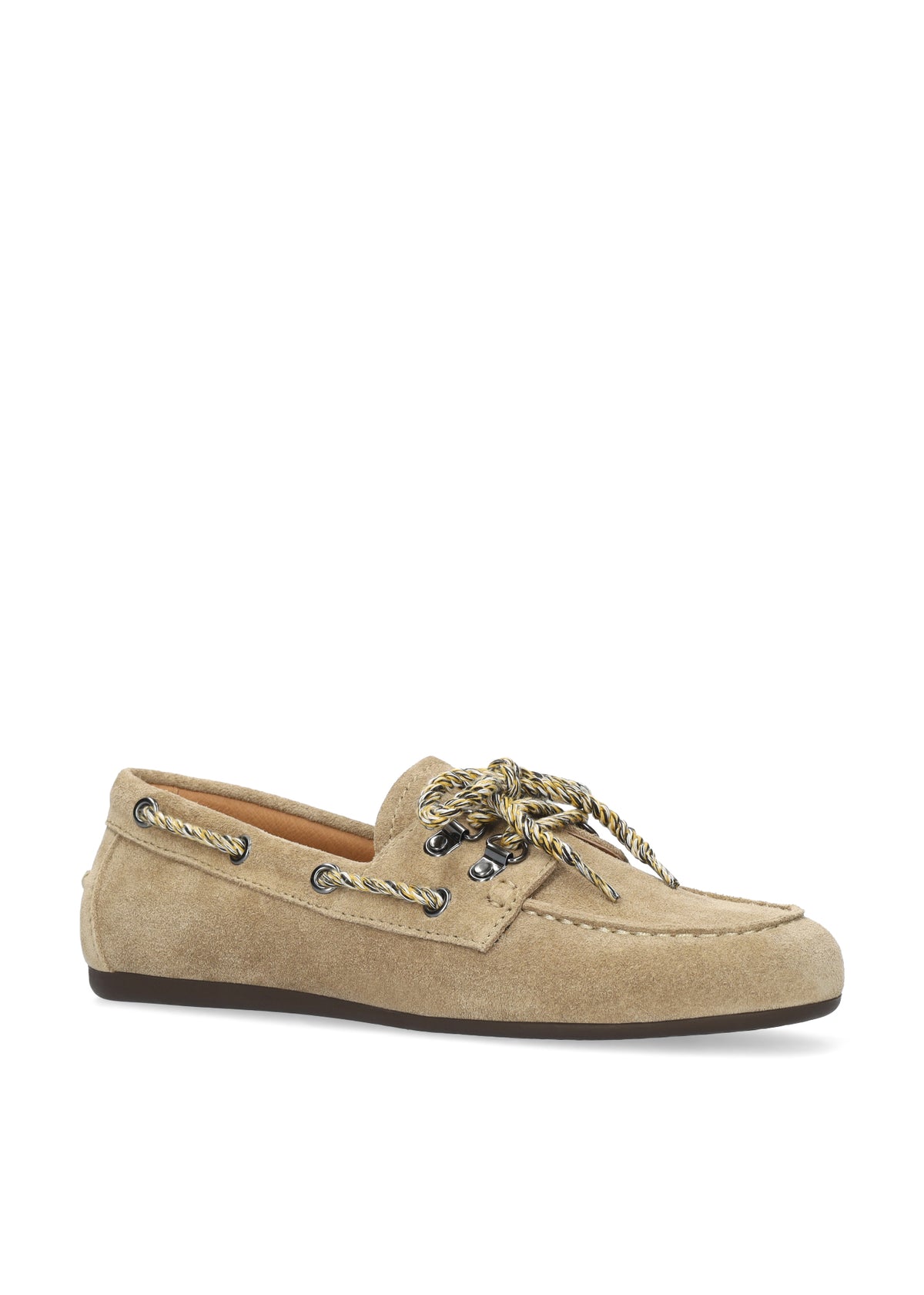 Vista lateral de los mocasines de serraje para mujer Tana Loafer en color arena con cordón multicolor de BIBI LOU.
