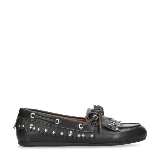Vista lateral de los mocasines de piel para mujer Aurelie Loafer en color negro de BIBI LOU.
