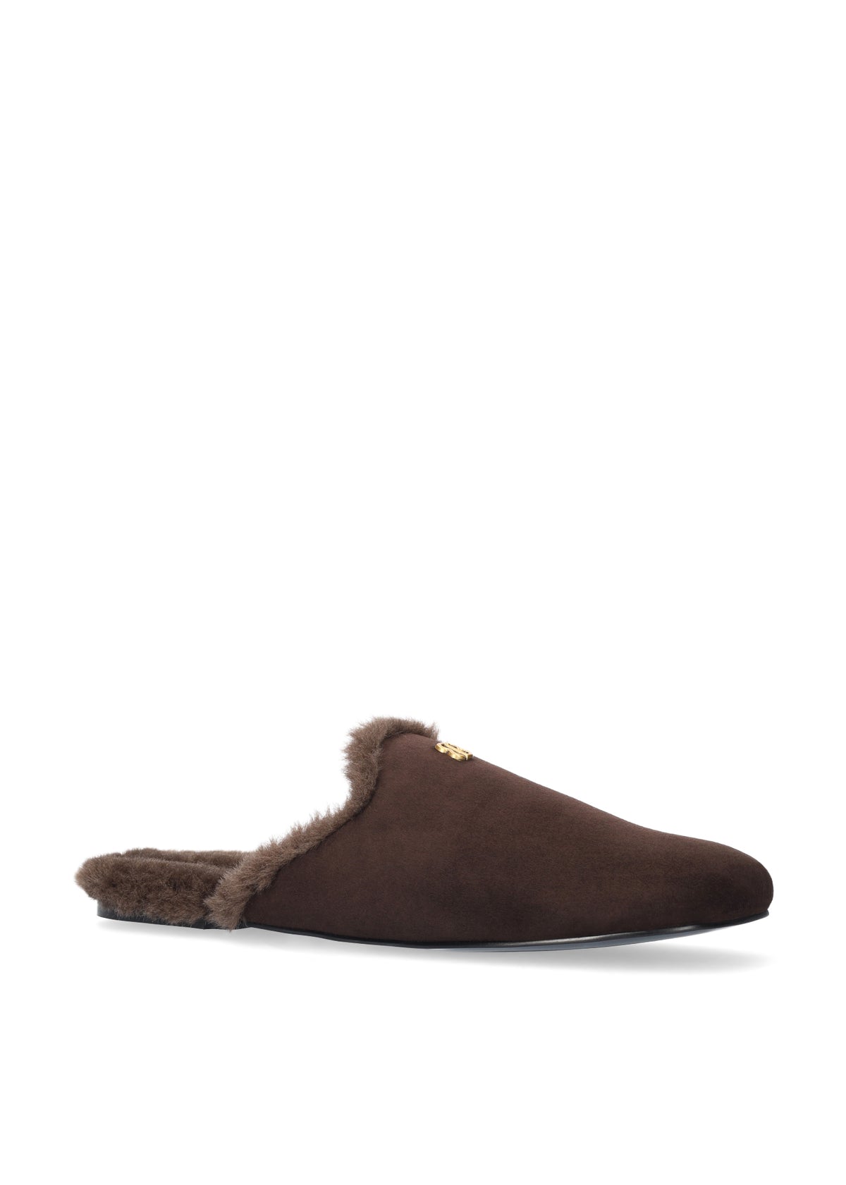 Vista lateral de los mocasines mule de ante para mujer Maranta Mules en color marrón, con forro de borreguito, punta redonda y tacón plano de 0,5 cm de BIBI LOU.