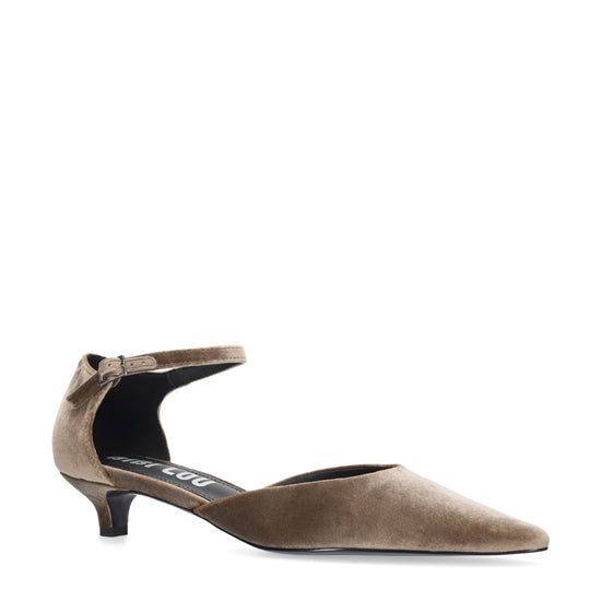 Vista lateral de los zapatos de salón de terciopelo para mujer Arlette Pumps 35 en color taupe de BIBI LOU.
