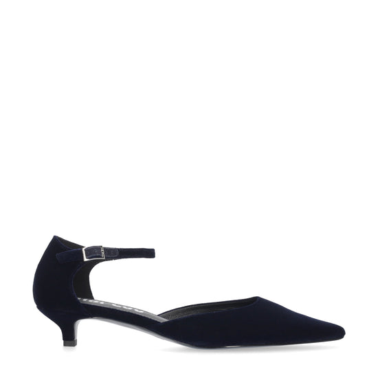 Vista lateral de los zapatos de salón de terciopelo para mujer Arlette Pumps 35 en color marino de BIBI LOU.