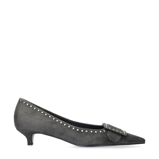 Vista lateral de los zapatos de salón de ante para mujer Altair Pumps 35 en color antracita, con punta afilada, adorno con tachas y tacón de aguja de 3,5 cm de BIBI LOU.